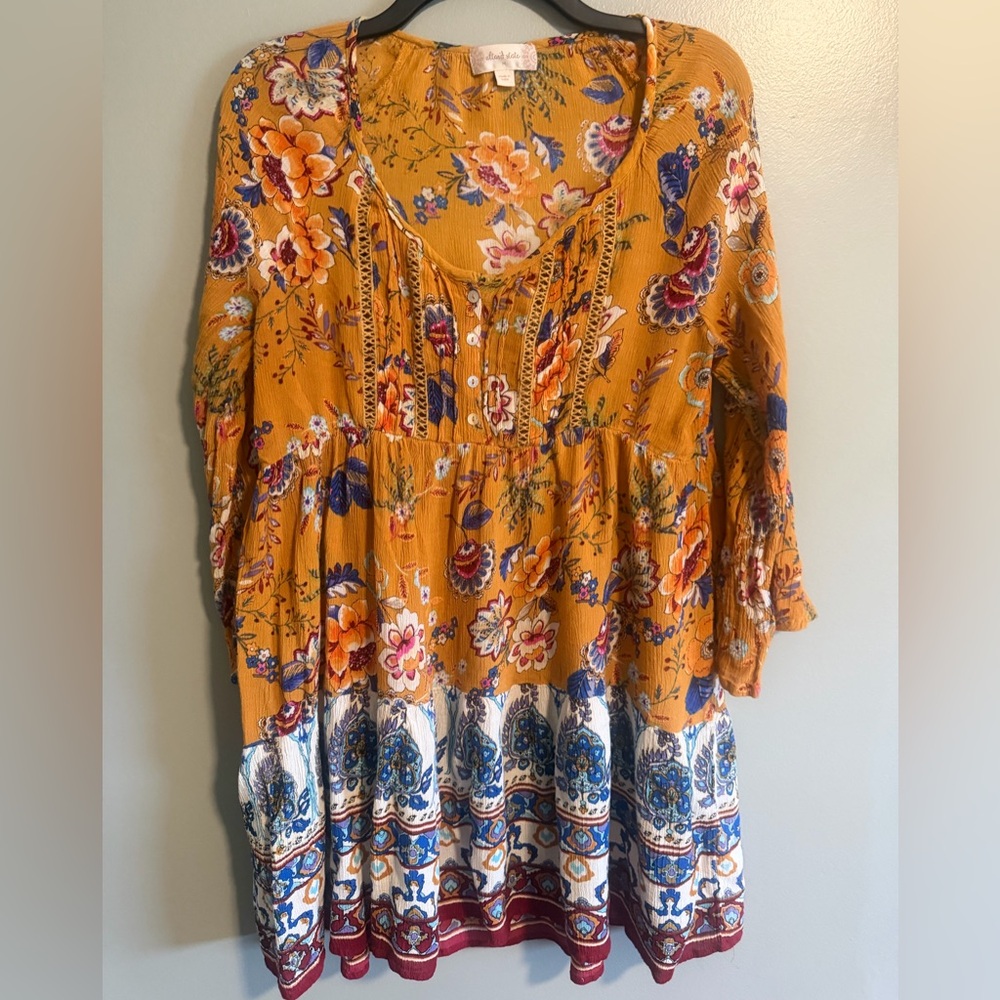 Altar'd State Mustard Yellow Floral Multicolor Bohemian Bell Sleeve Dress Med